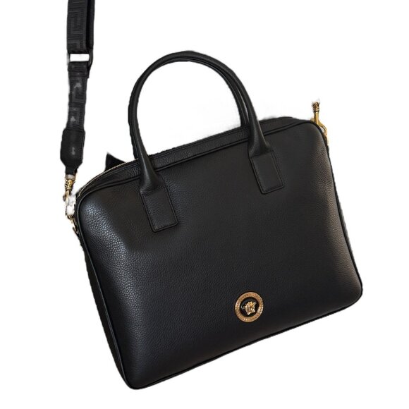 VERSACE 1013360 BLACK LEATHER MEDUSA MEDALION BRIEFCASE MESSENGER SHOULDER BAG - Picture 9 of 15
